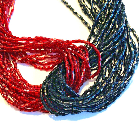 Y2K Beaded Multistrand Choker Necklace Knotted Black & Red Dramatic Statement - Picture 7 of 8